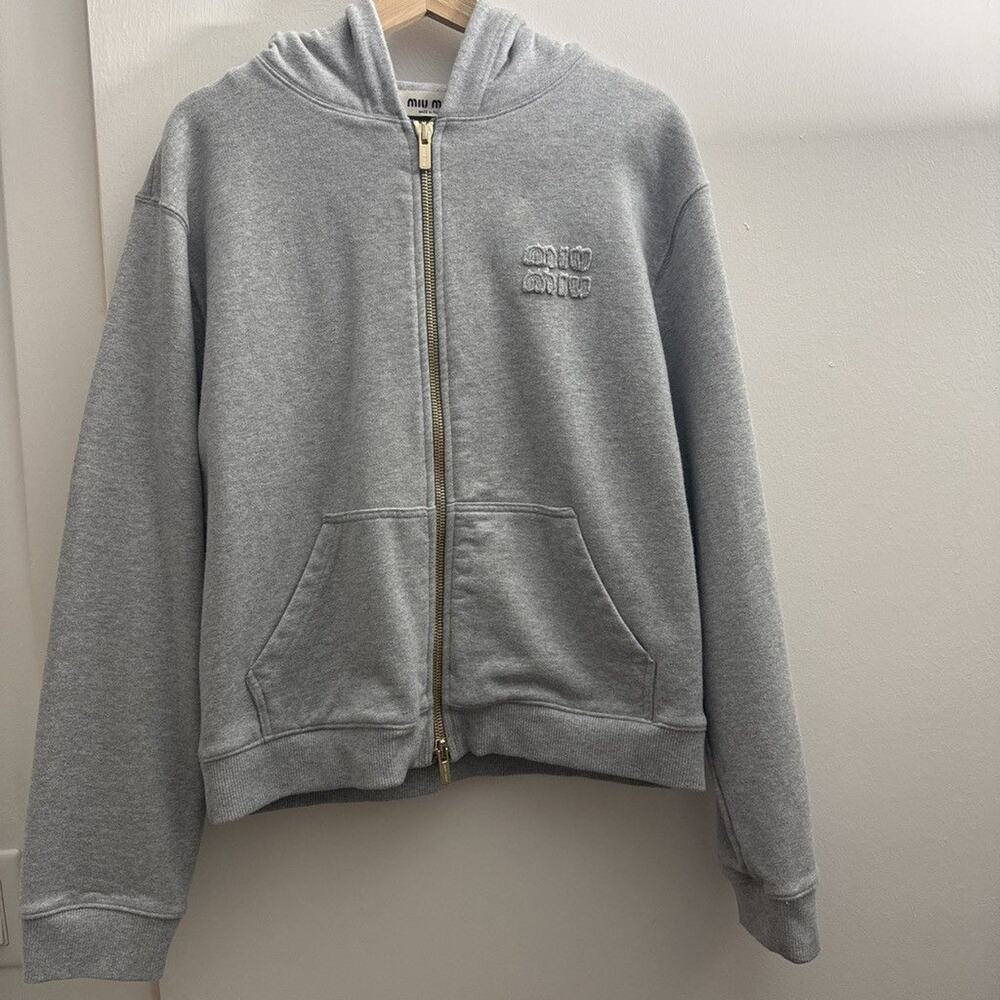 Miu Miu Embroidered Logo Zip Hoodie Grey